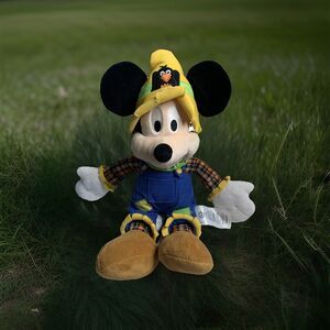 Mickey Mouse Scarecrow Plush Toy Disney Store Stuffed Animal Farmer Fall Autumn